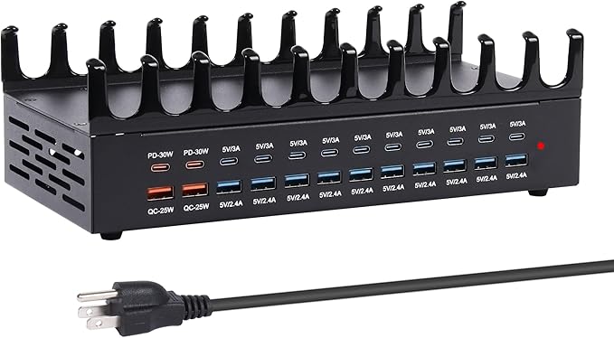 420W Charging Station for Multiple Devices - 24 Ports USB Fast Charging Station with 30W Power Delivery, Multi Charger Dock for Phone Tablet, Home, Office, School