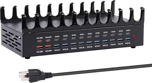 420W Charging Station for Multiple Devices - 24 Ports USB Fast Charging Station with 30W Power Delivery, Multi Charger Dock for Phone Tablet, Home, Office, School
