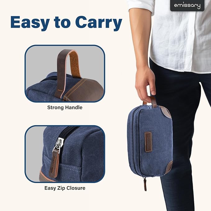 emissary Men's Toiletry Bag, Leather and Canvas Travel Toiletry Bag, Dopp Kit for Men, Travel Bathroom Bag Men's Shaving Kit, Travel Kit Small Bags for Men, Shaving Bag for Travel Accessories (Blue) | Durable canvas & PU leather, water-resistant lining...