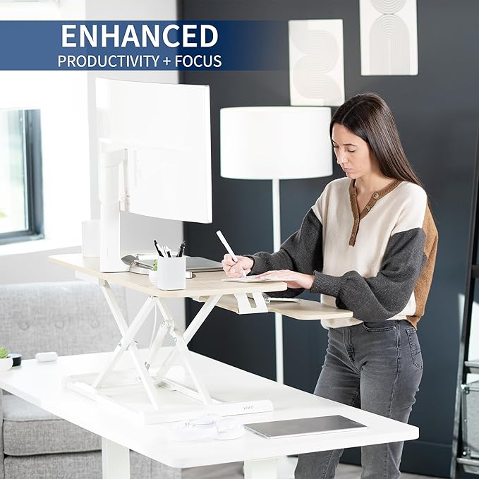 VIVO 42 inch Desk Converter, K Series, Height Adjustable Sit to Stand Riser, Dual Monitor and Laptop Workstation with Wide Keyboard Tray, Light Wood Top, White Frame, DESK-V042KF