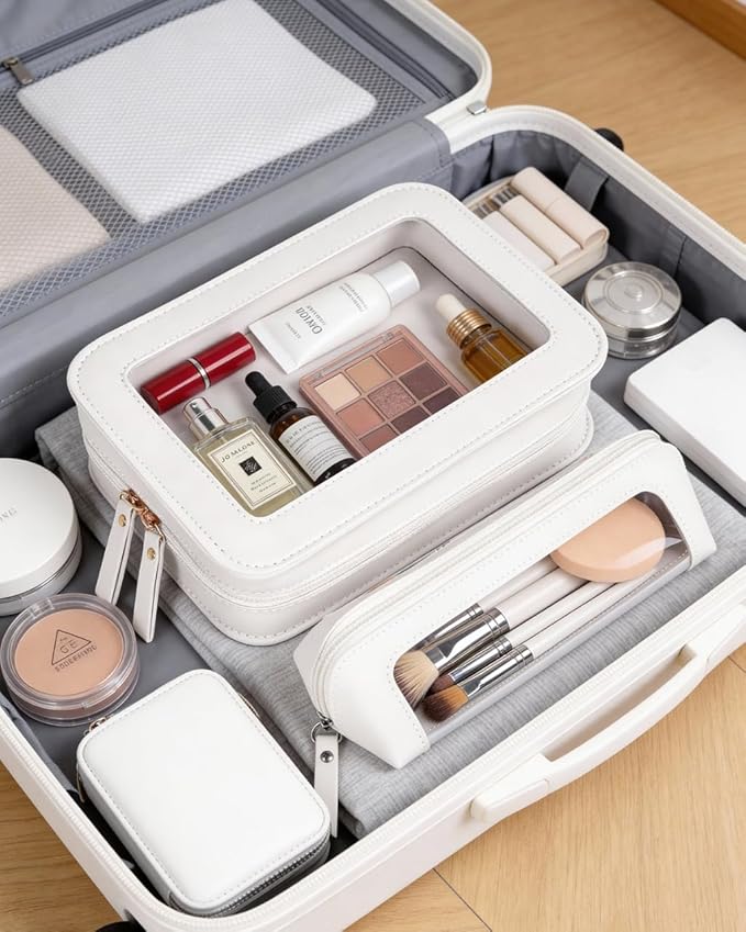LETGO 2Pack Clear Makeup Bags Set,Portable Makeup Brush Bag,Portable Leather Travel Toiletry Bag Car Eessntials for Women (White)