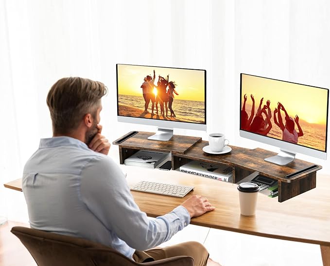 Dual Monitor Stand Riser, Laptop Computer Riser Adjustable Length and Angle, Desktop Wooden Stand 2 Tiers with Storage Organizer for Home Office(Brown)