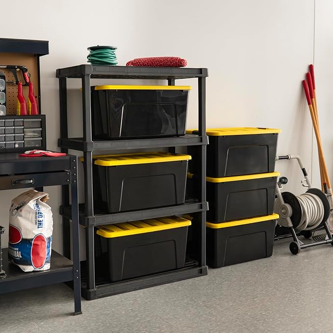 IRIS USA 72 Qt Stackable Plastic Storage Bins with Lids, 6 Pack - BPA-Free, Made in USA - Garage Organizing Solution, Latches, Durable Nestable Containers, Secure Pull Handle - Black/Yellow