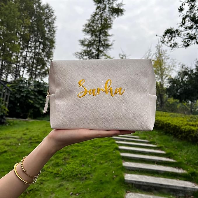 GOPHIE Personalized Embroidered Makeup Bag, Toiletry Bag for Women, Large Cosmetic Travel Bag, Gift For Bridesmaid, Beige