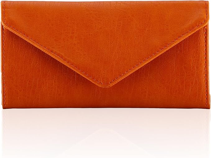 RFID Slim Wallet for Women Thin Card Holder Travel Trifold Clutch Ladies Long Billfold, 2 ID Windows, Orange