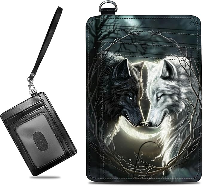 Small Travel Wallets, White Black Wolf Slim Minimalist Front Pocket Wallet with Wristlet, RFID Blocking PU Leather Credit Card Holder with ID Window Change Purse for Men Women