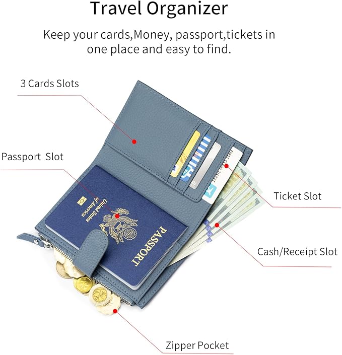 Passport wallet and Card Slot Combo RFID Blocking Slim Leather Travel Passport Wallet for Men and Women with Zippered Coins Pocket Passport holder, Blue