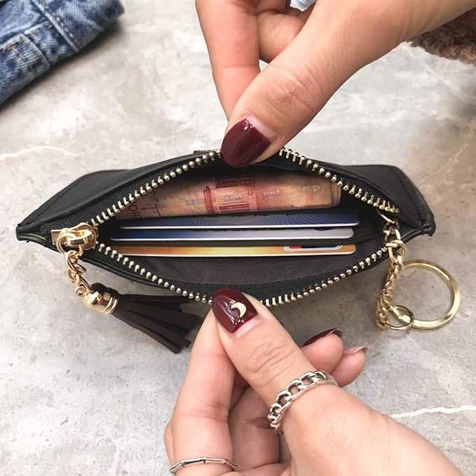 Coin Purse Change Wallet Pouch Leather Card Holder with Key Chain Tassel Zip(Pink)