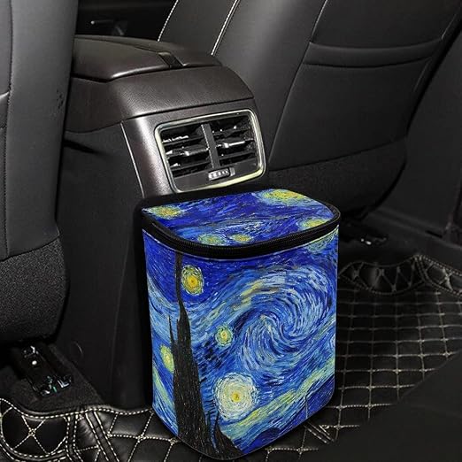 Van Gogh Starry Sky Car Trash Can Car Interior Accessories Organizer Garbage Bag Dustbin Container with Lid Waste Basket Storage Pockets Hanging Vehicle Trash Bin