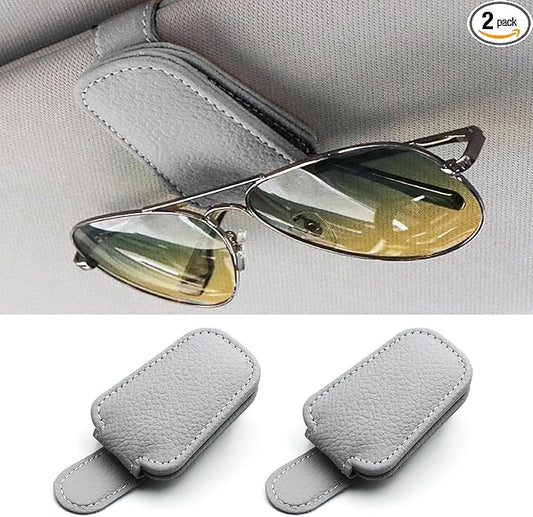 Sunglass Holder for Car, Magnetic Leather Sunglasses Clip for Car Visor, Eyeglass Hanger Clip for Car Sun Visor (Silver Grey 2 Pack)