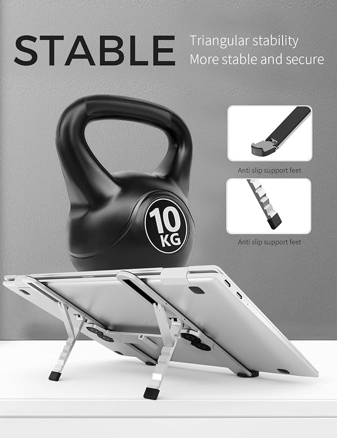 Junfire Foldable Laptop Stand for Travel, Aluminum Stable Ergonomic Laptop Riser with 6-Levels Height Adjustment, Fits with MacBook Air, MacBook Pro, iPad, HP, Dell, Lenovo (Up to 15.6'')-Sliver