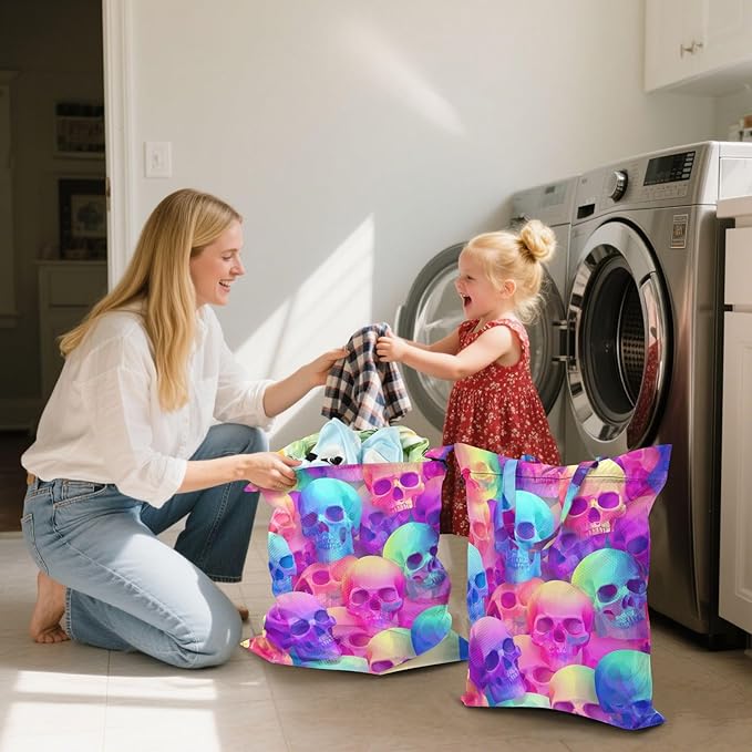Travel Laundry Bags 2 PC Wet Dry Bag with Handle Dirty Clothes Organizer for Swimsuits Beach Camping Waterproof Washable Gradient Multicolored Skulls