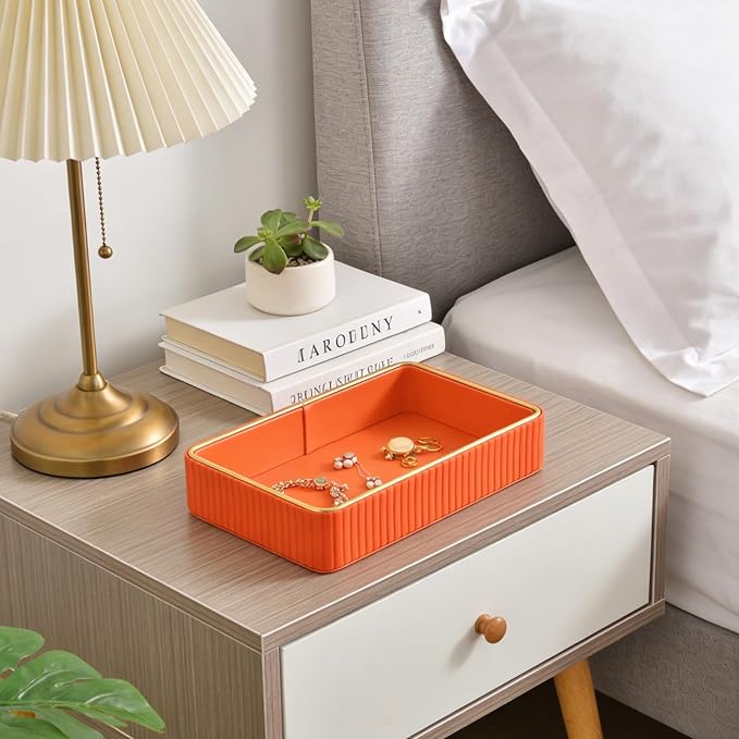 PU Leather Valet Tray,Desk Organizer Tray Nightstand Organizer Trinket Dish Storage Key Bowl Decorative Trays for Phone Wallet Jewelry Watch Bathroom Bedroom Perfume Vanity Trays,Orange