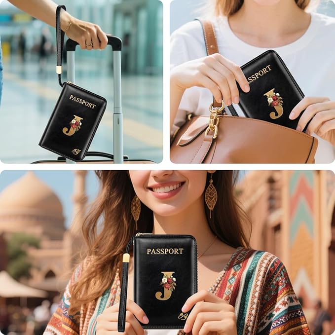 Passport Holder Cover Wallet with Zipper Personalized Initial Letter J Rose Flower RFID Blocking Travel Wallets Credit Cards Holder for Women, Gift for Wife and Girlfriend,J