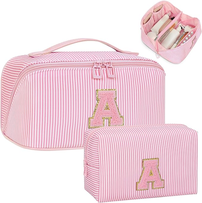 Initial Makeup Bag, Portable Water-resistant Monogram Cosmetic Bag Set, Travel Toiletry Bag with Brush Holder, Personalized Gifts for Friend Teacher Mom Wife, Pink A