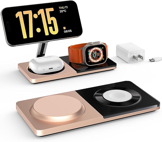 3 in 1 Charging Station for Apple Devices: Mag-Safe Charger Stand Fast Charging, Wireless Charger for iPhone 17 Air 16 15 14 13 12 Series, Apple Watch Series 1-9/Ultra, AirPods Pro (Golden)