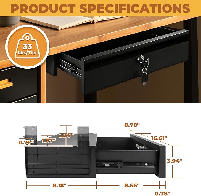 POPMOON 16in Under Desk Drawer with Lock Pull Out Storage Organizer | Carbon steel under desk drawer with lock,smooth slide rails, adjustable mounting height, supports up to 33 lb