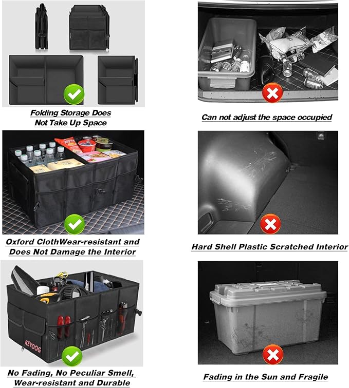 KEYOOG Sturdy Car Trunk Organizers and Storage, Waterproof Durable Collapsible Multi-Heavy Duty, Non-Slip Bottom & Adjustable Securing Straps - for Car, SUV, Truck, or Van (3 Compartments, Black)