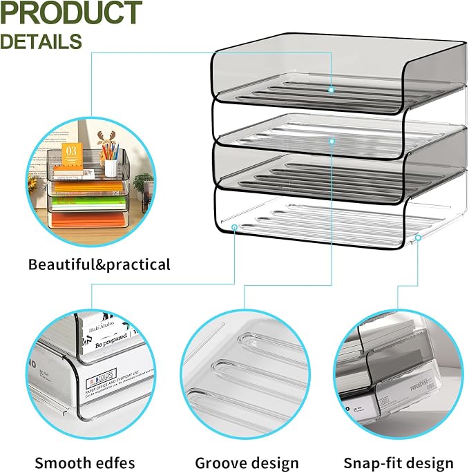 FANXIYQ 4-Tier Acrylic Paper Tray Organizer, Clear & Brown Stackable Desk File Organizer for Documents, Mail, Homework & Notebooks, Decorative Letter Tray for Home Office, Classroom & Study Desk