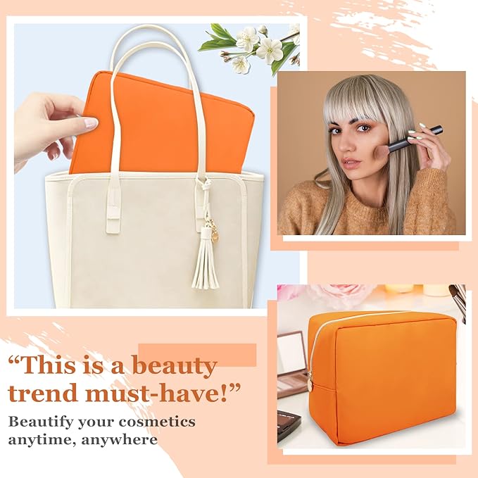 Nylon Large Makeup Bag Travel Cosmetic Bag Pouch, Preppy Big Makeup Bag Cute Cosmetic Zipper Pouch Purse, Waterproof Toiletry Bag Clutch Makeup Organizer Travel Essentials for Women Men Girls(Orange)