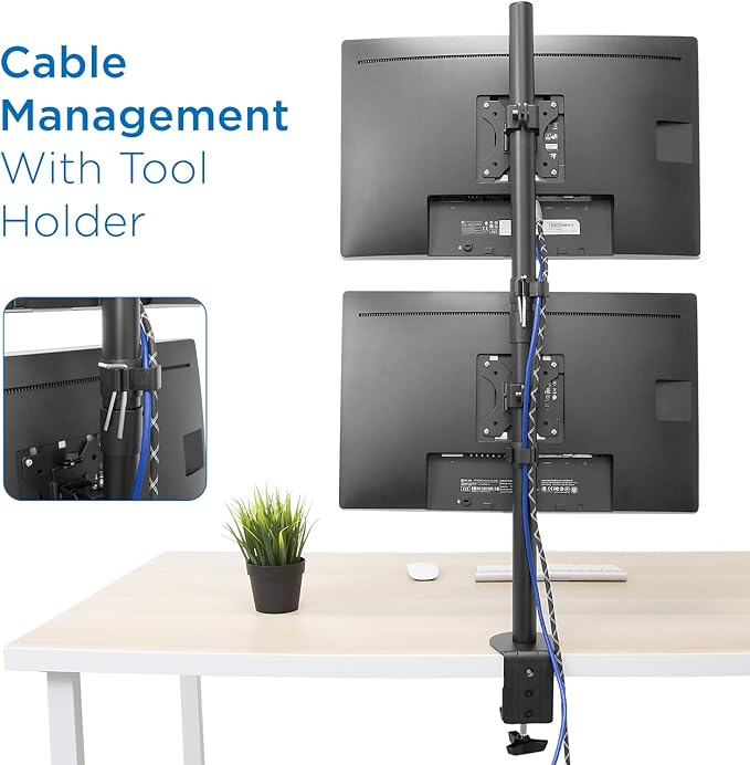 Mount-It! Vertical Dual Monitor Mount | Stacked Monitor Desk Stand | Fits 2 Computer Screens 19 20 21 22 23 24 27 32 Inches | C-Clamp and Grommet Bases | VESA 75 100 Compatible