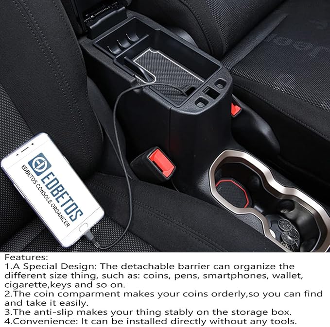 EDBETOS Center Console Organizer Tray Compatible with Jeep Renegade Accessories 2015-2019 2020 2021 2022 2023 Armrest Glove Box Secondary Storage (White Line)