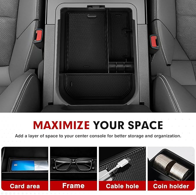 Autorder Center Console Organizer for 2024 2025 2026 Toyota Land Cruiser 250 Prado J250 LC250 Accessories Armrest Storage Box Secondary Insert Tray with Black & Red Silicone Mats(Not for Cool Box)