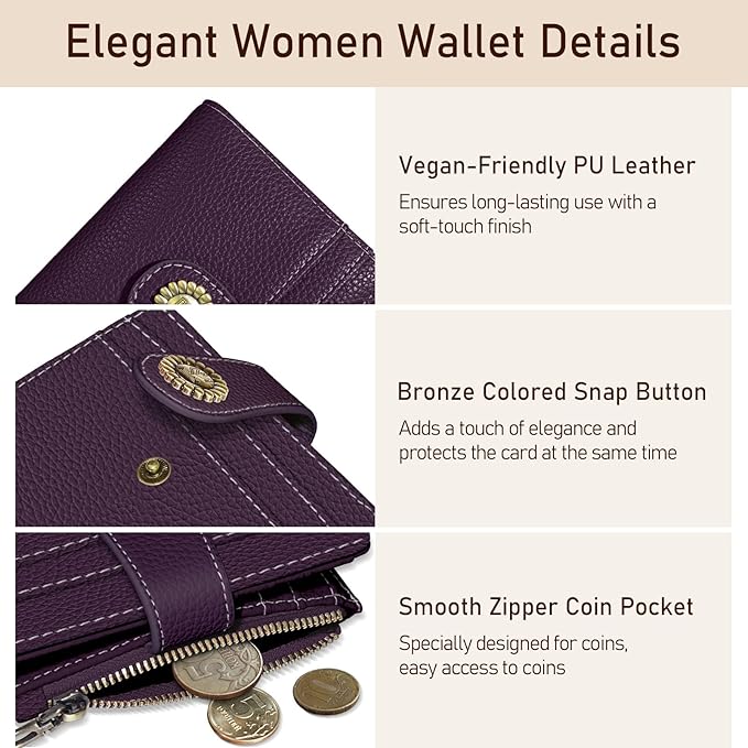 Kelvoris Small Rfid Women Wallet Bifold Zipper Coin Pocket PU Leather Compact Cash Credit Card Holder Travel Wallet for Female Ladies Teen Girls 1 ID Window 10 Card Slots