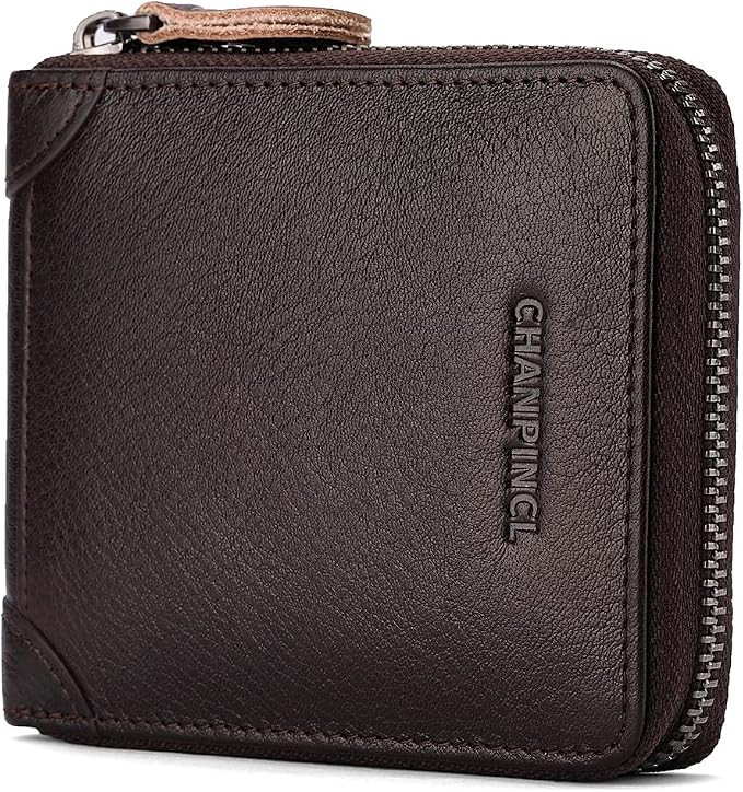 Mens Genuine Leather Zipper Wallet RFID Secure Large Capacity Double Fold Multi-card Leather Wallets for Men and coin purse