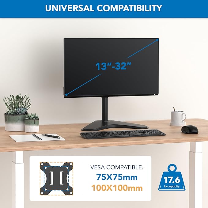 Mount-It! Monitor Stand for Desk, Freestanding Single Monitor Mount for 21.5??2" Screens, Height Adjustable VESA Stand with Tilt, Swivel & Rotation, Sturdy Base Supports 17.6 lbs