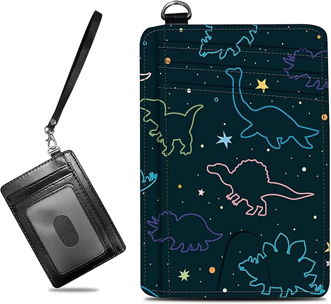 Small Travel Wallets, Fun Dinosaurs Slim Minimalist Front Pocket Wallet with Wristlet, RFID Blocking PU Leather Credit Card Holder with ID Window Change Purse for Men Women