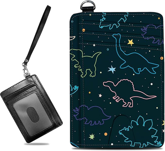 Small Travel Wallets, Fun Dinosaurs Slim Minimalist Front Pocket Wallet with Wristlet, RFID Blocking PU Leather Credit Card Holder with ID Window Change Purse for Men Women