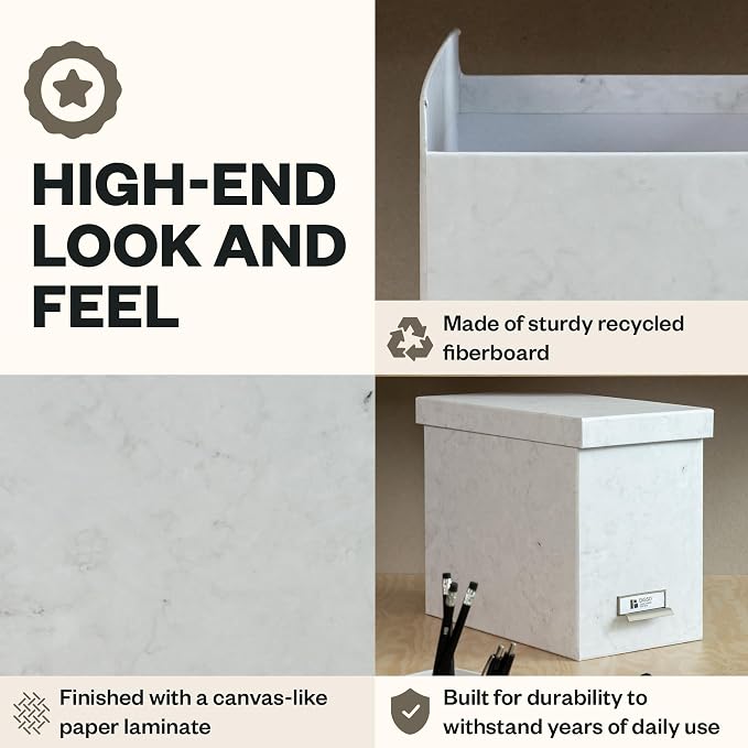 Bigso John Fiberboard Label Frame Desktop File Storage Box - Document Organizer for Important Paperwork - Durable Hanging File Box with Lid & Metal Label Window - 7.36 x 13.38 x 10.51 in - Marble