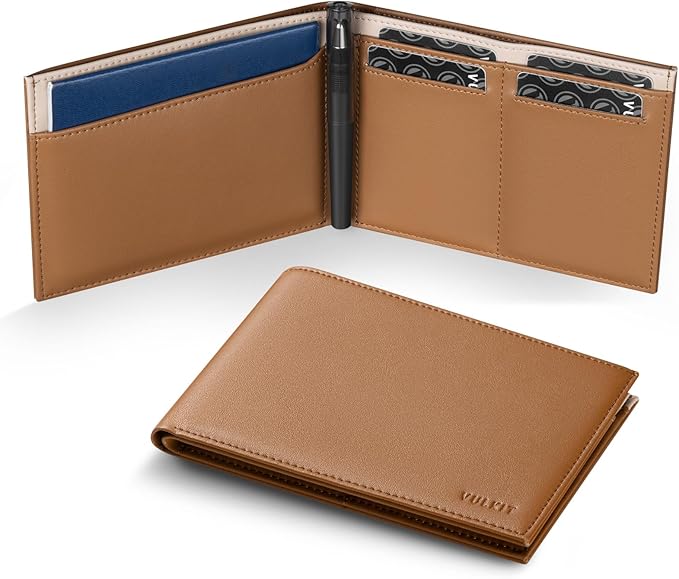 VULKIT Bilfold Passport Holder Leather RFID Blocking Passport Wallet with Hidden Pocket Slim Travel Documents Organizer for Men or Women (Passport, Card, Cash, Coin, SIM Card, Ticket)