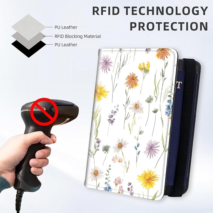 [Wildflowers Daisies Ultra-Slim Passport Holder Wallet with Pen Loop, RFID Blocking Faux Leather Travel Passport Cover, Compact Boarding Pass & Card Case Organizer for Women & Men