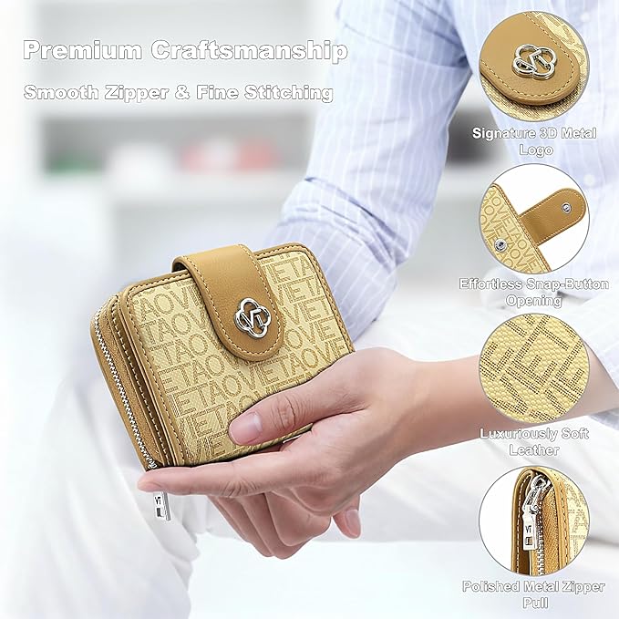 Credit Card Wallets for Women, Leather Cardholder with Zipper Around, Small Rfid Ladies Wallet, Accordion Compact Bifold Purse for Travel, 19 Card Slots, ID Window, Cash Organizer - Apricot
