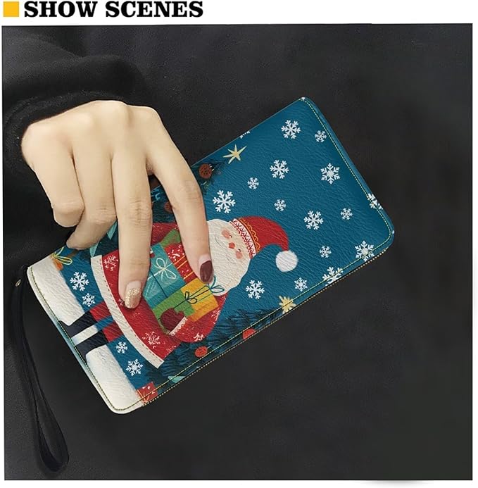 Bulopur Santa Claus Wristlet Wallet for Women Christmas Slim Thin RFID Blocking Credit Card Wallets Long Bifold PU Leather Card Holder Organizer Clutch Billfold with Zipper Ladies Girls Gift