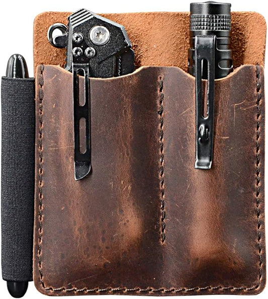 EDC Leather Pocket Organizer, Pocket Slip, Pocket Knife Pouch, EDC Carrier, with Pen Loop, Everyday Carry Organizers, Full Grain Leather. Chestnut.