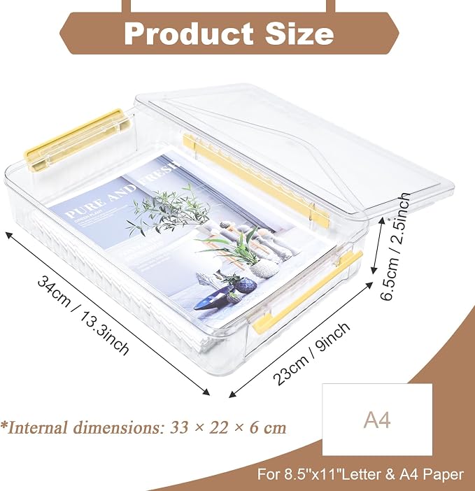 Clear Storage Boxes with Lid - A4 Transparent Paper Storage Organiser with Handle and Portable Project Case Organizer for Storing Certificates, Scrapbook, Toys, and Invoices (Yellow Handle)