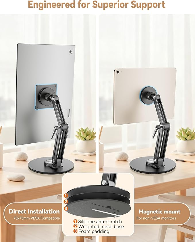 Jakeko Magnetic Portable Monitor Stand 15.6" - up to 16" 18.5 inch Tablet Holder for iPad VESA Mount 75mm for Desk Adjustable Foldable 360° Swivel (Up to 18.5'')
