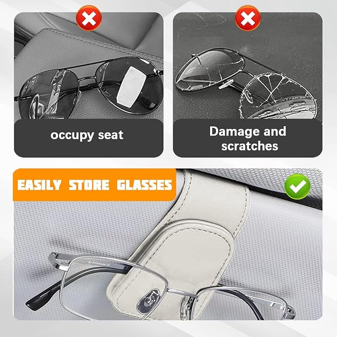 Sunglasses Holder for Car Visor, Microfiber Leather Magnetic Sun Visor Eyeglasses Hanger & Ticket Card Clip, Multi-Function Automotive Interior Glasses Mount, Universal Fit (Light Beige)