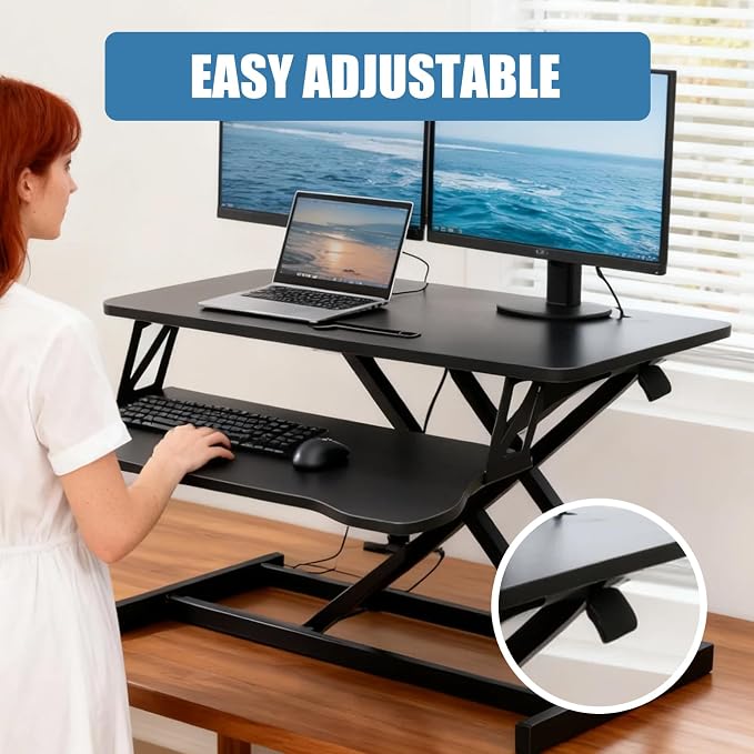 Standing Desk Converter, Height Adjustable Sit to Stand Riser, Dual Monitor and Laptop Workstation with Wide Keyboard Tray, Desk Lifter for Home Office