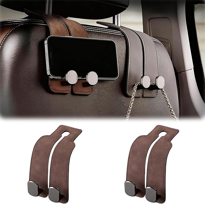 Car Headrest Hook 2 Pack, Universal Car Purse Holder for Back of Seat, Heavy Duty Leather Car Seat Hooks with Dual Metal Hooks, for Handbag, Grocery Bags, Water Bottle, Phone (Brown)