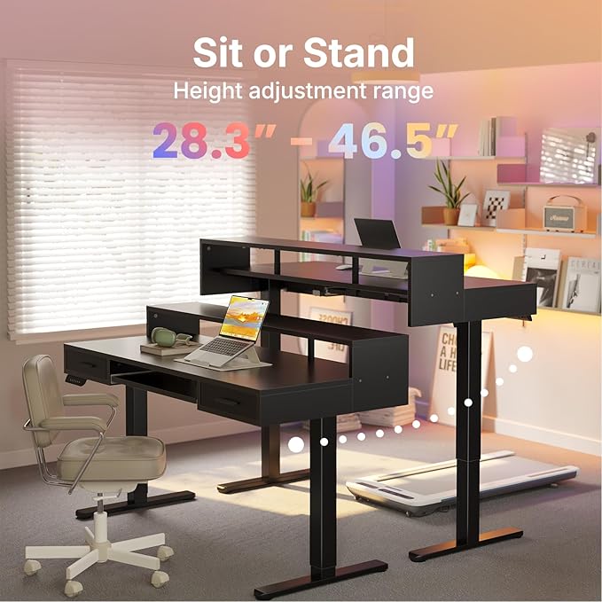 HUANUO 63″ x 26″ Electric Standing Desk with 2 Drawers &24.4″ Large Keyboard Tray, C-Clamp Mount Compatible, Adjustable Computer Desk for Office, Sit Stand Up Desk with 4 Height Presets, Black