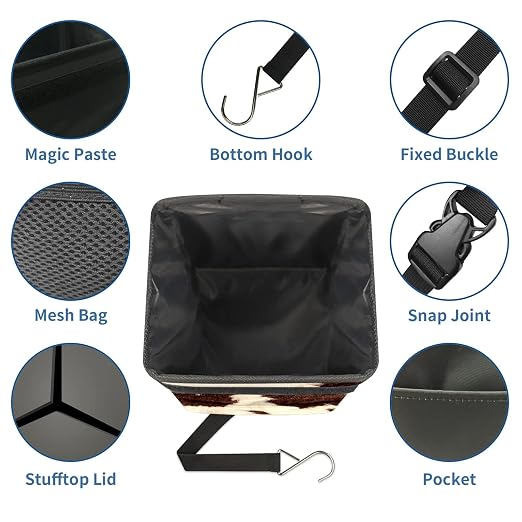 Cowhide Car Trash Can with Lid Collapsible Reusable Waterproof Car Garage Bag,Automotive Garbage Can,Car Accessories Interior Car Organizer One Size