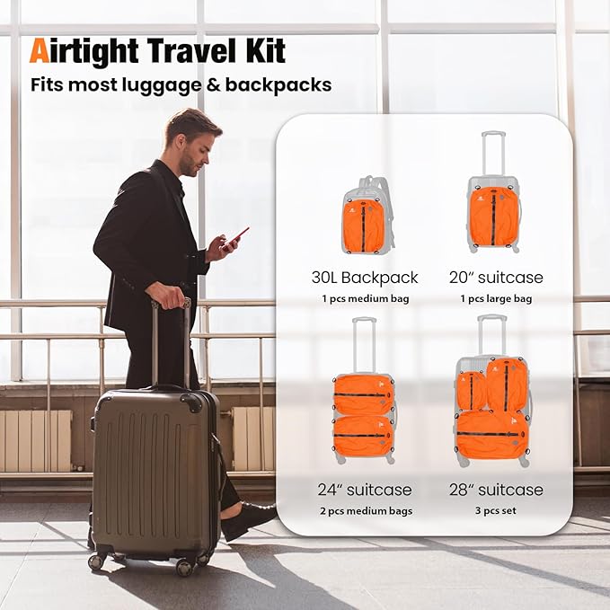 3 Pack Vacuum Bags for Travel with Pump, 3-Size Set Reusable Vacuum Compression Bags for Luggage, Space Saver IP67 Waterproof Vacuum Packing Cubes for Suitcase&Backpack, Orange