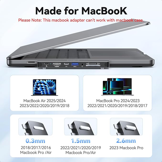 USB C Hub Adapter for MacBook Pro/Air M5 M4 M3 M2 M1 2025-2018 13" 15" 16", 8 in 2 MacBook Accessories Multiport Adapter Dongle with HDMI 4K, Thunderbolt 3, USB C&A Data Ports, SD/TF, Audio