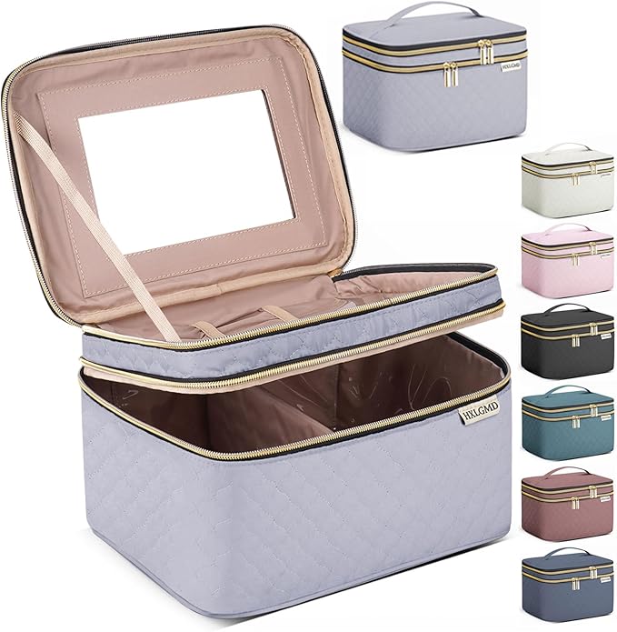 HXLGMD Large Makeup Bag with Mirror Double Layer Travel Make Up Organizer Case, Large Capacity Coemetic with Brush Slot Divider, Travel Toiletry Bag for Women (Grey)