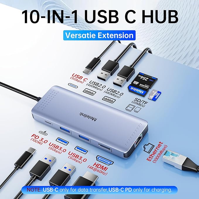 USB C Hub Ethernet, 10 in 1 USB-C to HDMI 4K@60 Adapter with Gigabit Ethernet, 100W PD, USB-A&C Data Ports and SD/TF Slot, USBC Dock MultiPort Dongle for MacBook, Dell, HP, Lenovo, etc
