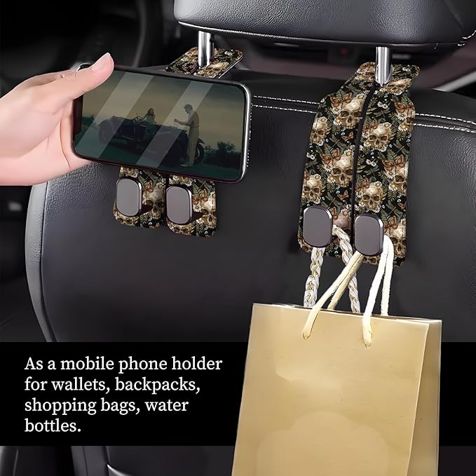 Car Seat Headrest Hook, Universal Leather Cute Hanger Holder Hook, Storage Organizer Interior Accessories for Purse Bags Handbag Cute Retro Flower Skulls